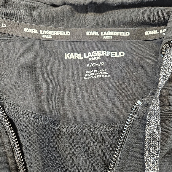 Karl Lagerfeld Black Hoodie Full Zip Spellout Tape With Sparkles Womens Small - Picture 3 of 8